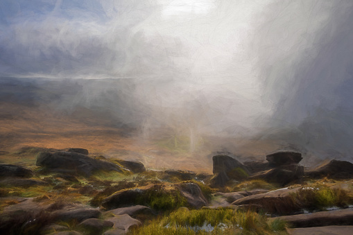 Digital painting of The Roaches, Staffordshire at sunrise in the Peak District National Park, UK.
