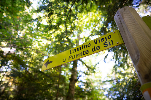 Autumn Selva de Oza hiking sign in Valle de Hecho of Huesca at Pyrenees of Spain, Valles Occidentales Natural Park