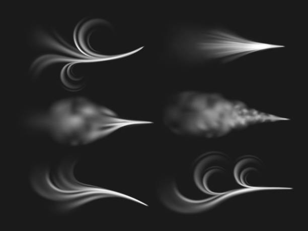 ilustrações de stock, clip art, desenhos animados e ícones de wind air streams. realistic flows mist different shapes, smoke plumes with curls and transparent waves, weathering dynamic forms, freezing and wind jets, spread gas vector isolated set - wind effect