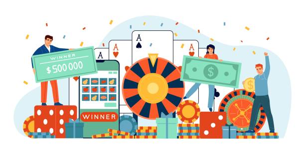 ilustrações de stock, clip art, desenhos animados e ícones de casino gambling people. business or entertainment. profitable industry. lottery winner. player characters with winning money. gamblers play poker and roulette. fortune wheel. vector concept - gamblers