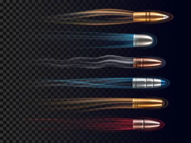 Vector illustration of Realistic bullet traces. Military flying projectiles leaving colored trails, weapon shot high speed visible effect, different types gunshots, ammunition caliber vector isolated set