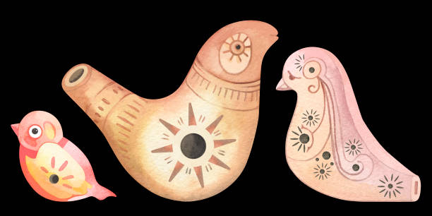 keramik pfeifen in aquarell auf schwarzem hintergrund - bird singing music pattern stock-grafiken, -clipart, -cartoons und -symbole