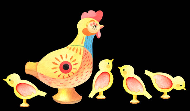 holzspielzeughuhn mit küken in aquarell auf schwarz - bird singing music pattern stock-grafiken, -clipart, -cartoons und -symbole
