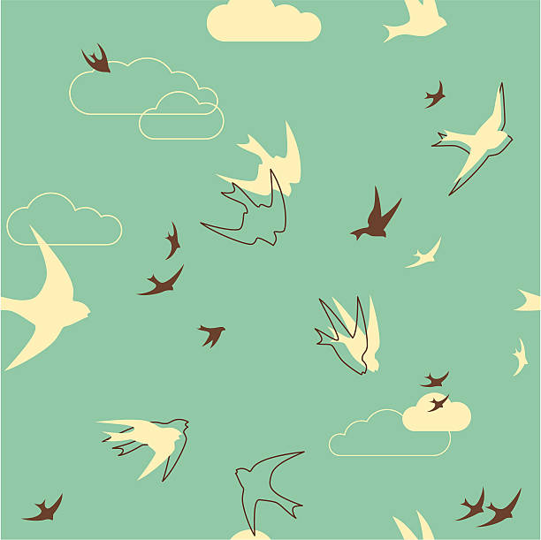 Illustrated flock of swallows on blue background Silhouette of flock birds lake martin stock illustrations