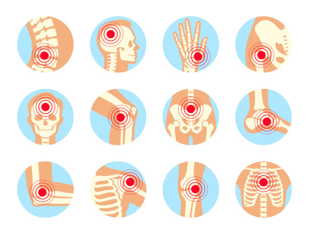 ilustraciones, imágenes clip art, dibujos animados e iconos de stock de esqueleto humano puntos de dolor icono conjunto vector plano anatomía crónica lesión corporal en forma de círculo - cadera