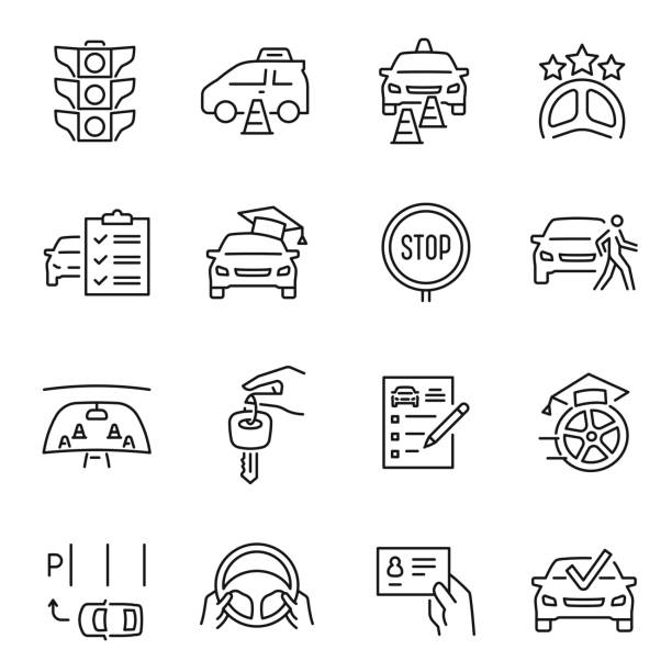 Driving school line icon set monochrome vector illustration logo learning car control vehicle drive Driving school line icon set monochrome vector illustration. Simple linear logo learning car control vehicle drive isolated. Studying transportation education wheel, engine, key, rules, examination learn to drive stock illustrations