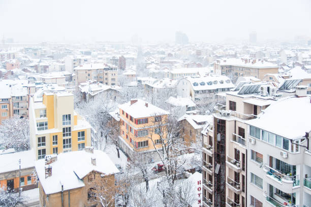 A clear winter day over the snow-covered city of Sofia, Bulgaria