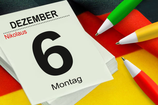 Calendar 2021 Monday December 6 St Nicholas' Day  with pencils red green yellow and German flag Calendar 2021 December 6 and weekdays with pencils red green yellow and German flag alternative for germany photos stock pictures, royalty-free photos & images