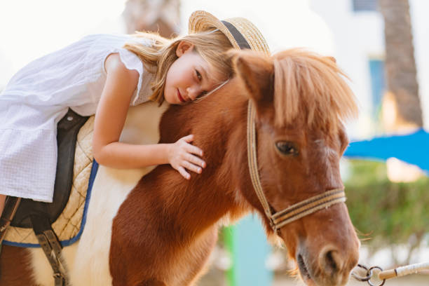 маленькая девочка в белом платье и соломенной шляпе сидит поверх пони и обнимается. - horse child pony little girls стоковые фото и изображения