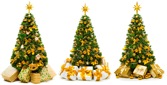 Christmas Tree with Golden Ornaments and Gifts Isolated over White Background, Set of Green Xmas Tree with Present Boxes with Gold Ribbon