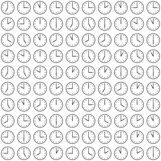 Clocks in matrix pattern, showing random whole hours Clocks in matrix pattern, showing random whole hours time. Wall clock, analog display, hour markings. clock patterns stock illustrations