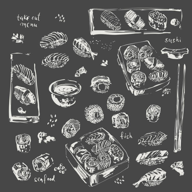 ilustrações de stock, clip art, desenhos animados e ícones de hand drawn chalk sketch of sushi, sashimi, rolls, soy sauce, stcks set. - japanese cuisine temaki sashimi sushi