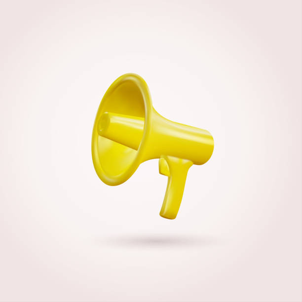 ilustraciones, imágenes clip art, dibujos animados e iconos de stock de megáfono de plástico amarillo realista con sombra sobre fondo blanco. concepto de tiempo de marketing, megáfono 3d, altavoz. ilustración vectorial. - speaker bugle abstract trumpet