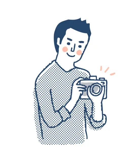 Vector illustration of A man holding a camera with a smile