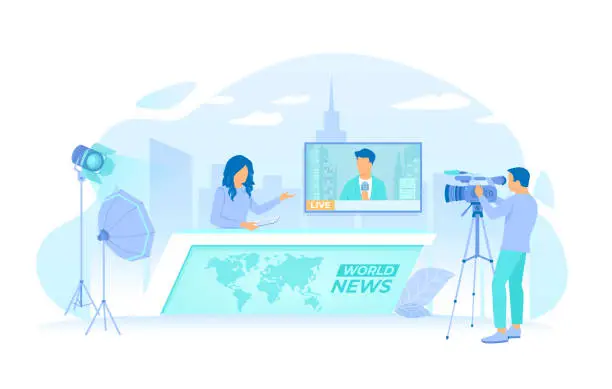 Vector illustration of News studio room with woman newscaster, journalist on a tv screen, cameraman and video lighting kits. Breaking world news, TV show. Vector illustration flat style.