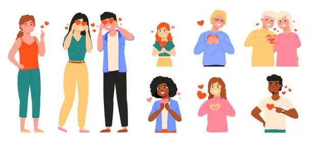 Vector illustration of People with hearts. Happy men and women love symbols in hands, volunteering and donation concept, characters give valentines, romantic and friends relationships, vector cartoon isolated set