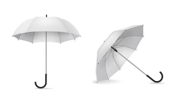 parasol. realistyczne białe otwarte parasole. akcesorium chroniące przed deszczem, obiekt pogodowy z boku z cieniami, makieta do brandingu, reklamy i prezentacji 3d vector isolated set - rain protection personal accessory autumn stock illustrations