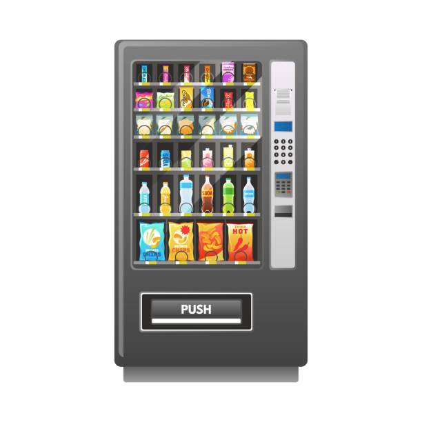 istock Vending machine. Retail mechanism. Automatic food sale. Buying drinks and snacks. Make purchases in selling equipment. Square appliance mockup with panel and buttons. Vector illustration 1354680979