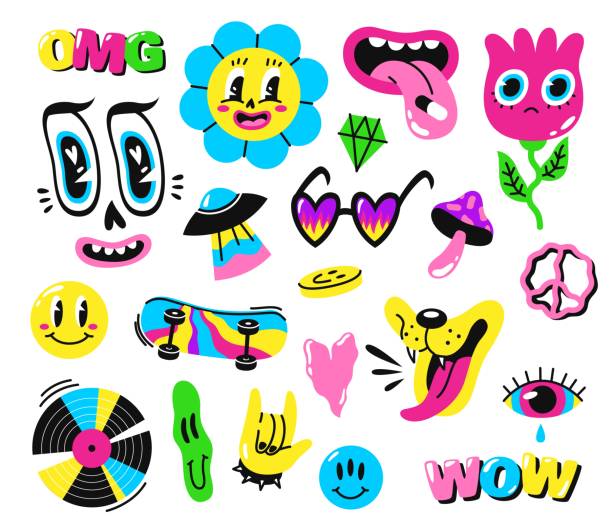 Retro psychedelic elements. Bright surreal objects, 60s 70s hippie culture symbols, acid colors icon, trendy creative stickers, flowers and crazy characters, vector cartoon flat isolated set Retro psychedelic elements. Bright surreal objects, 60s 70s hippie culture symbols, acid colors icons, trendy creative stickers, flowers and crazy characters, vector cartoon flat style isolated set interesting vacations stock illustrations