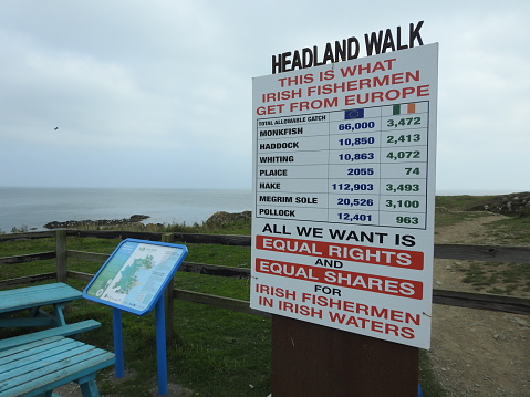 6th September 2021, County Louth, Ireland. Fishing quota rights sign in Port Oriel pier and harbour in Clogherhead.