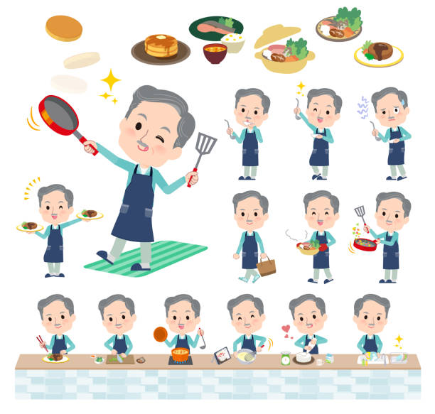 illustrations, cliparts, dessins animés et icônes de un ensemble de vies âgées en maillot bleu vert sur la cuisine - cooking fail
