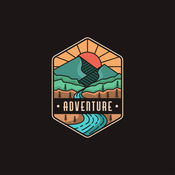Emblem mountain and river landscape adventure badge emblem vector template on black background