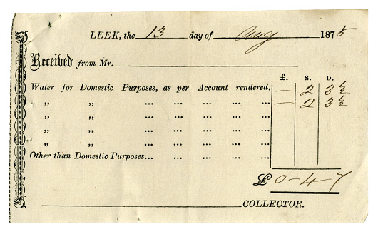 An old receipt, dated 1876, for payment for a domestic water supply in the town of Leek, Staffordshire. (Identifying details removed.)