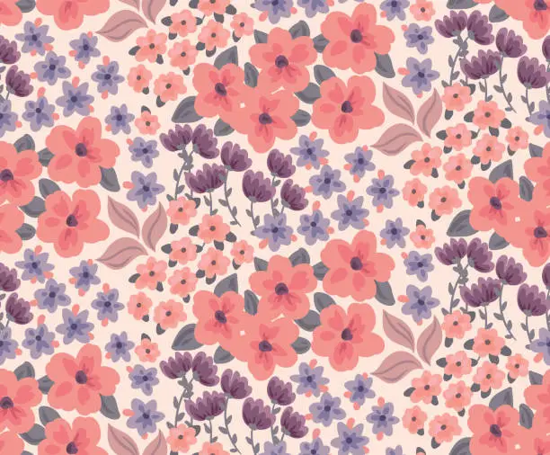 Vector illustration of Seamless pattern with small flowers and leaves on a white background. Floral pattern with different flower heads arranged in groups. Spring print in romantic pastel colors. Vector.
