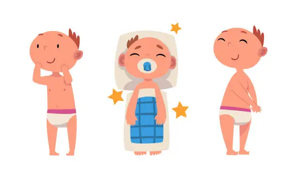 Vector illustration of Funny Baby in Diaper Sleeping and Standing Vector Set