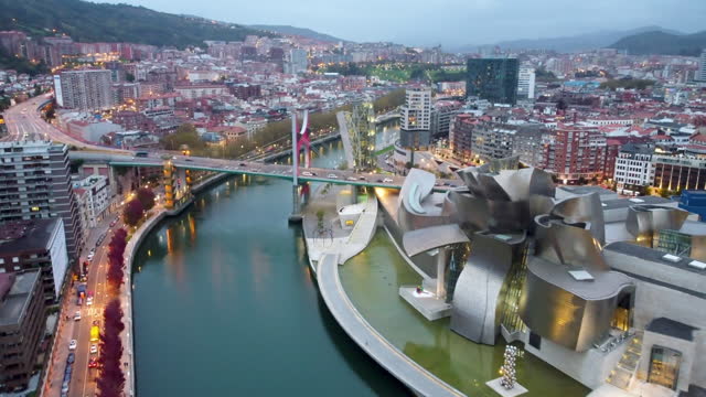 Bilbao, Spain - october 28, 2021: Guggenheim Bilbao Museum, Spain. Drone shot at the sunrise.