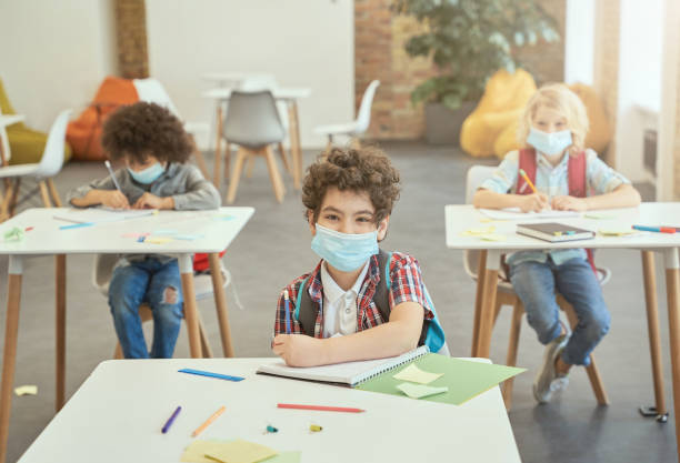 istock Little school boy wearing face mask during coronavirus outbreak looking at camera while sitting at the desk in classroom. Kids studying in elementary school 1354694563