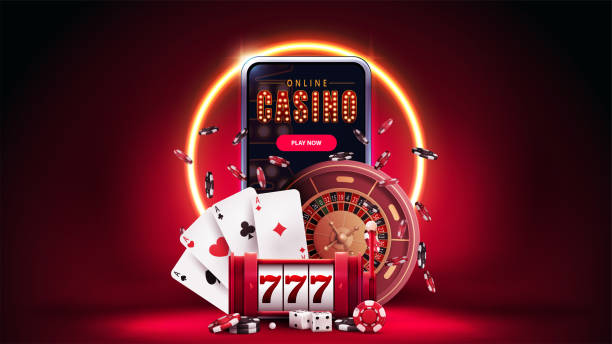 стокові ілюстрації на тему інтернет-казино, червоний банер зі смартфоном, ігровий автомат, рулетка казино, покерні фішки та гральні карти в червоній сцені з помаранче� - casino