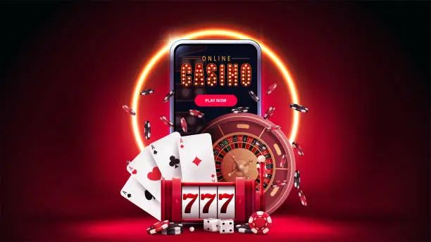 Vector illustration of Online casino, red banner with smartphone, slot machine, Casino Roulette, poker chips and playing cards in red scene with orange neon ring on background.