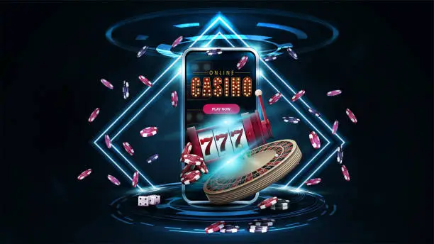 Vector illustration of Online casino, banner with podium with smartphone, casino slot machine, Casino Roulette and poker chips in dark scene with neon rhombus frames and hologram of digital rings