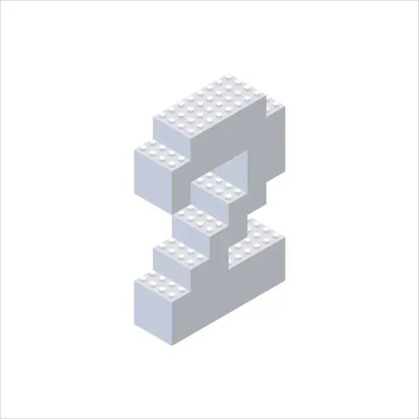 Vector illustration of Isometric letter 2 in gray on a white background collected from plastic blocks. Vector illustration.