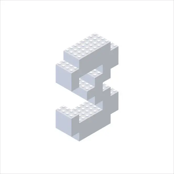 Vector illustration of Isometric letter 3 in gray on a white background collected from plastic blocks. Vector illustration.