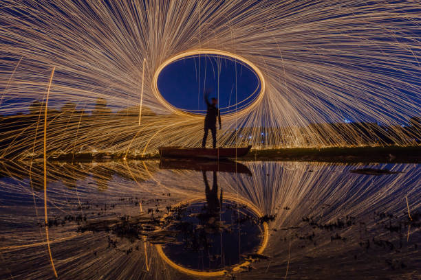 Painting with Light Long exposure photography, experience with burning steel wool and capture the motion with DSLR camera. light trail photos stock pictures, royalty-free photos & images