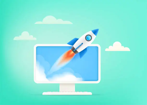 Vector illustration of Start up your business concept. Begin business vector illustration with rocket and computer