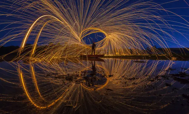 Long exposure experience, playing steel wool and freeze the illumination with camera.