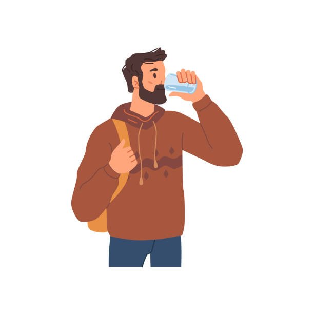 Male character drinking purified water from bottle. Vector caring for health and dieting, consuming liquid and cleansing organism from toxins. Thirsty bearded man with backpack, student or tourist Male character drinking purified water from bottle. Vector caring for health and dieting, consuming liquid and cleansing organism from toxins. Thirsty bearded man with backpack, student or tourist thirst quenching stock illustrations