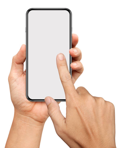 istock hands are holding and touching on a small bezels Smart Phone Isolated on white background 1354699584