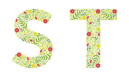 Floral Alphabet Capital Letter Arranged of Floret and Green Leaf Vector Set. Uppercase Alphabetical English Character of Fresh Blossom Concept