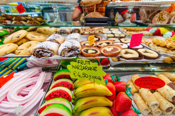 Delicious sweets on store shelves. Sweets shop in Venice, Italy stock photo