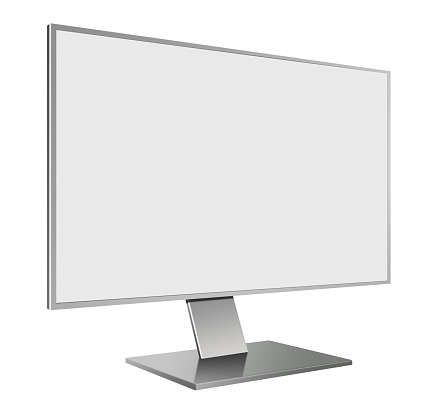 3D illustration of Grey LED Computer Monitor in Perspective view with blank screen on white background