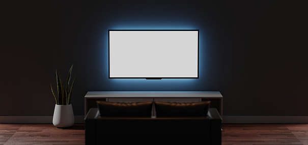 Maqueta de televisión en la sala de estar oscura por la noche. Ilustración 3D Pantalla de TV, gabinete de tv, planta photo