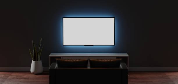 maqueta de televisión en la sala de estar oscura por la noche. ilustración 3d pantalla de tv, gabinete de tv, planta - canal fotografías e imágenes de stock