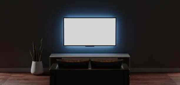 Tv mockup in the dark  living room at night. 3D illustration Tv screen, tv cabinet, plant