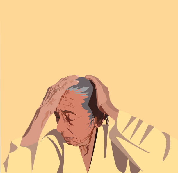 Old Woman Suffering From Anxiety An old woman is depressed from her life and suffering from severe headache.    All elements are in separate layers color can be changed easily. sad old woman stock illustrations