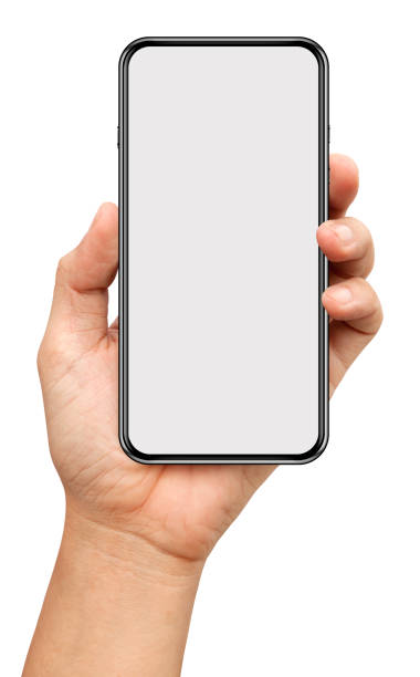 las manos sostienen un pequeño bisel smart phone aislado sobre fondo blanco - manos fotografías e imágenes de stock