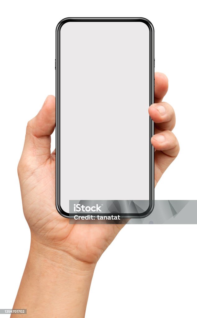 hands are holding a small bezels Smart Phone Isolated on white background Mobile Phone Stock Photo